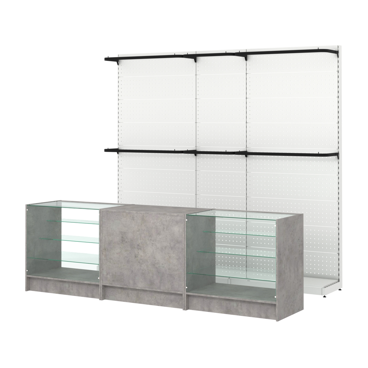 Комплект стеллажей с П-поручнями и прилавков ЭК-4 для торговли одеждой №3 Бетон Чикаго светло-серый F186 ST9