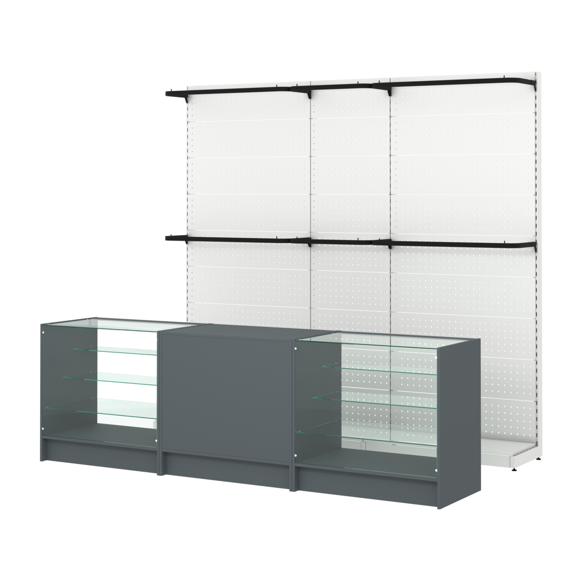 Комплект стеллажей с П-поручнями и прилавков ЭК-4 для торговли одеждой №3 Темно-Серый