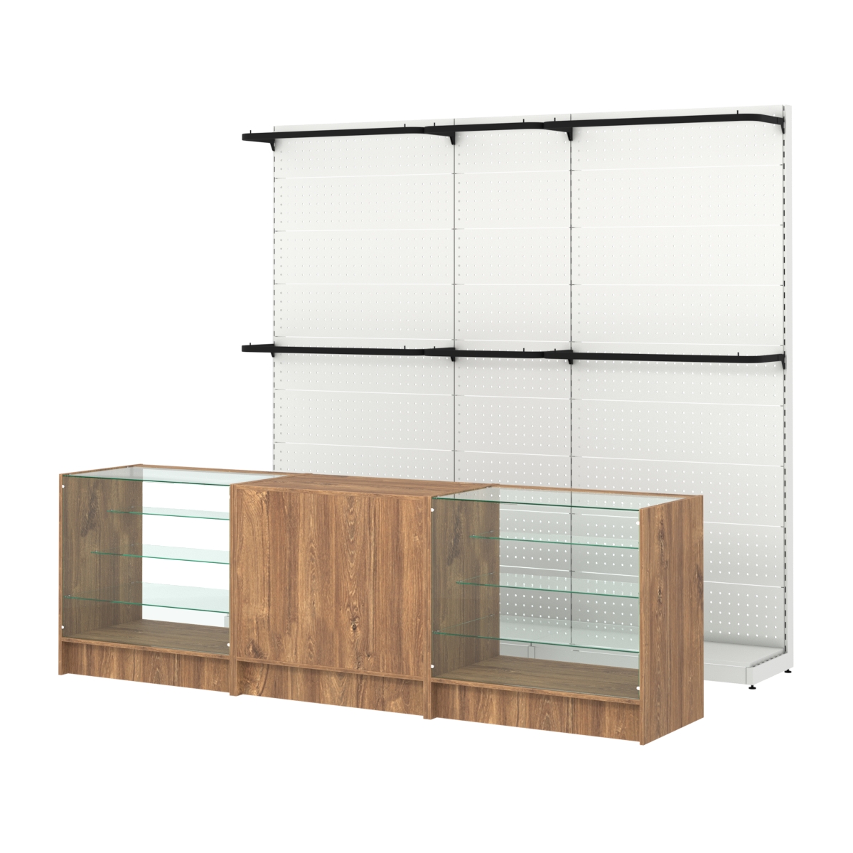 Комплект стеллажей с П-поручнями и прилавков ЭК-4 для торговли одеждой №3 Дуб Канзас коричневый