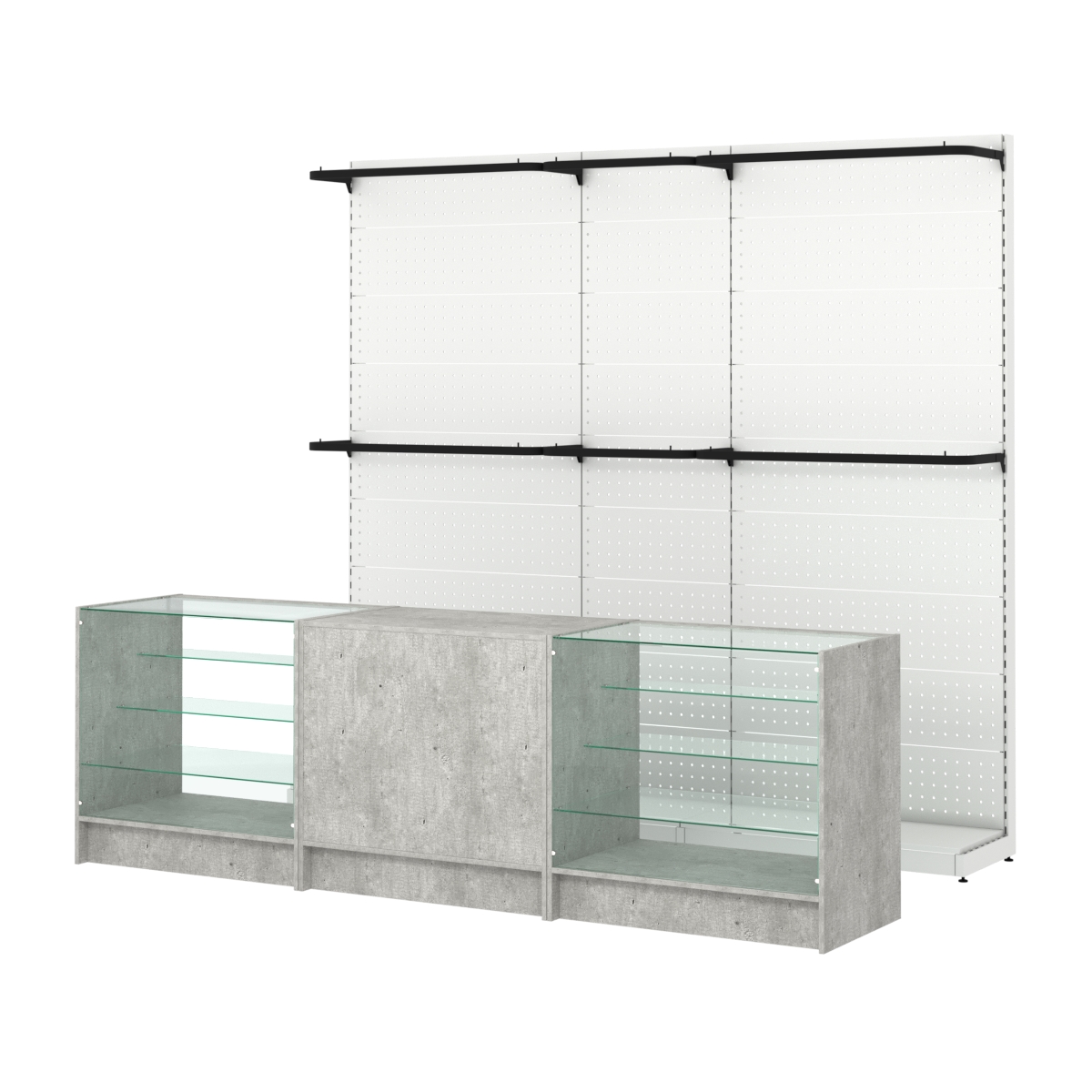 Комплект стеллажей с П-поручнями и прилавков ЭК-4 для торговли одеждой №3 Метрополитан Грей