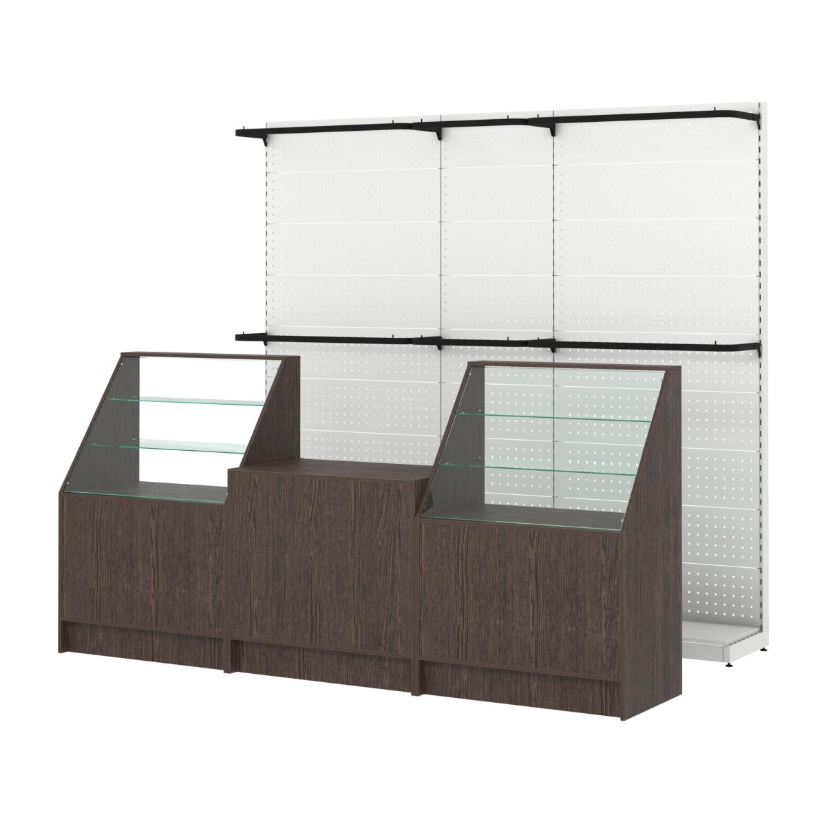 Комплект стеллажей с П-поручнями и прилавков ЭК-7 для торговли одеждой №4 Дуб Венге