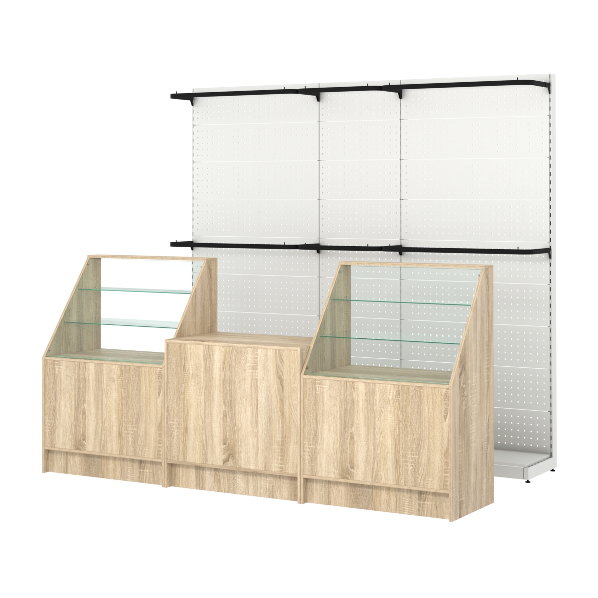 Комплект стеллажей с П-поручнями и прилавков ЭК-7 для торговли одеждой №4 Дуб сонома