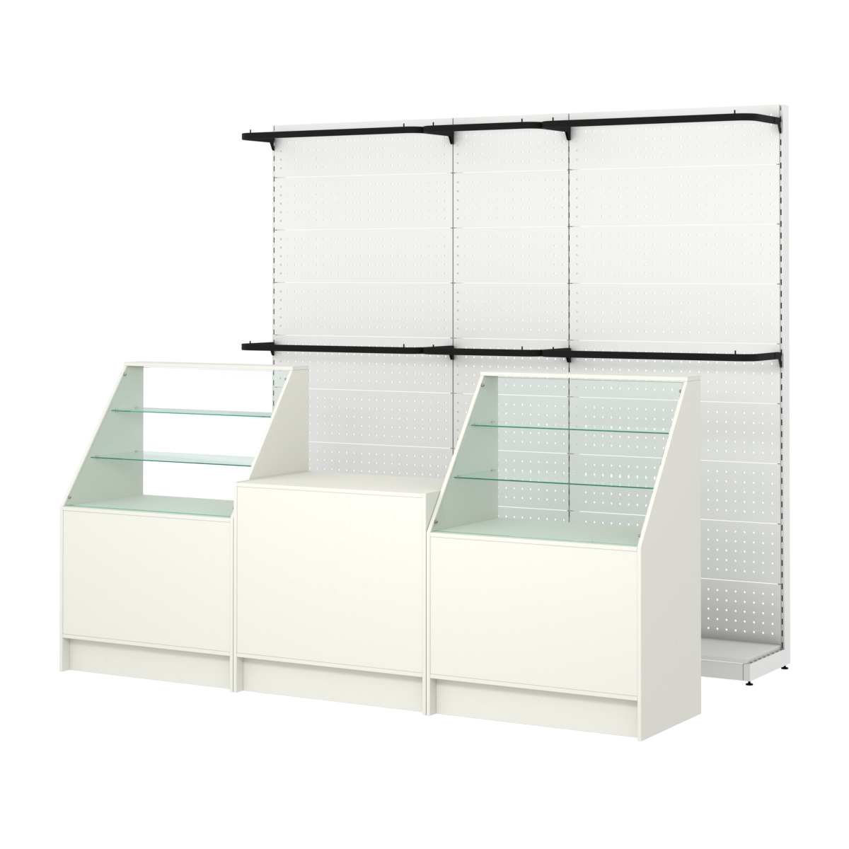 Комплект стеллажей с П-поручнями и прилавков ЭК-7 для торговли одеждой №4 Белый