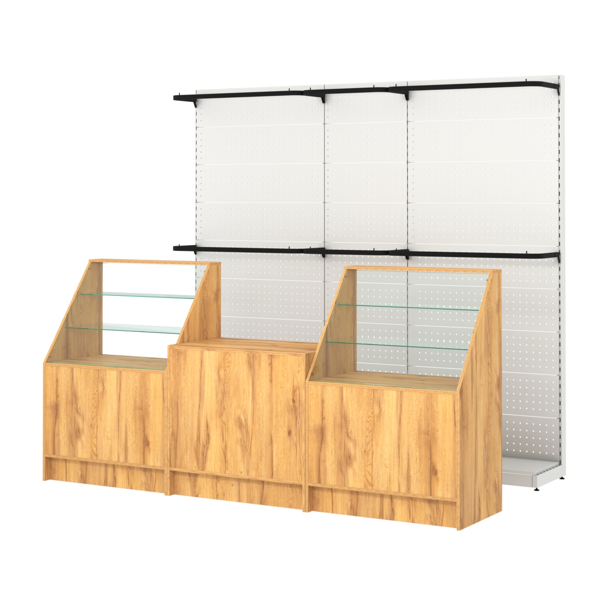 Комплект стеллажей с П-поручнями и прилавков ЭК-7 для торговли одеждой №4 Дуб Золотистый