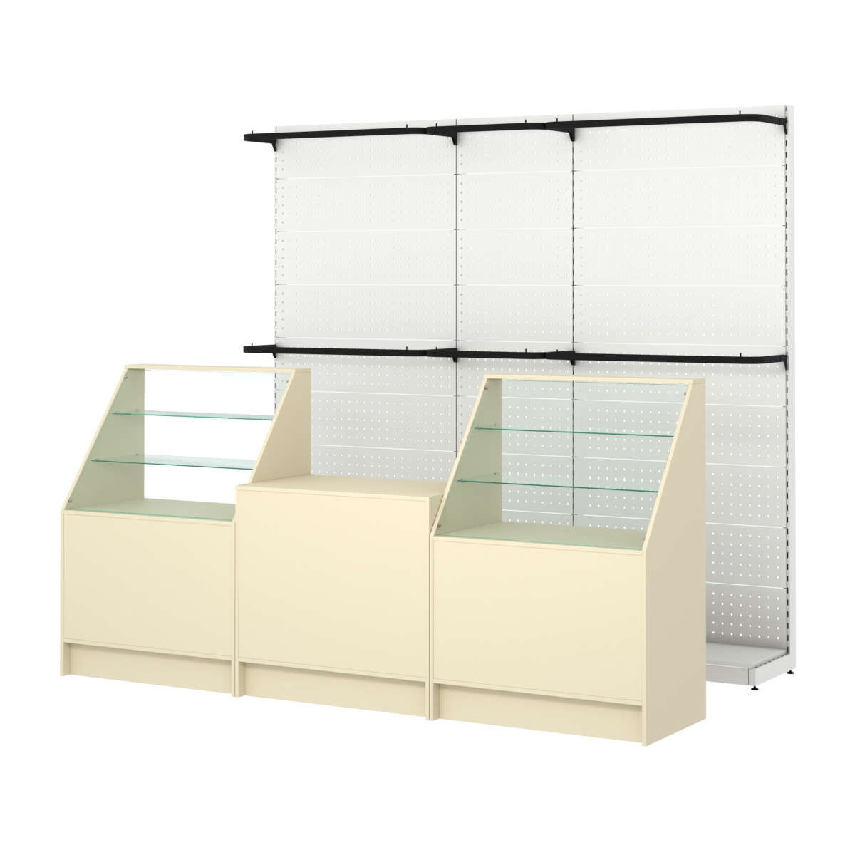 Комплект стеллажей с П-поручнями и прилавков ЭК-7 для торговли одеждой №4 Крем Вайс