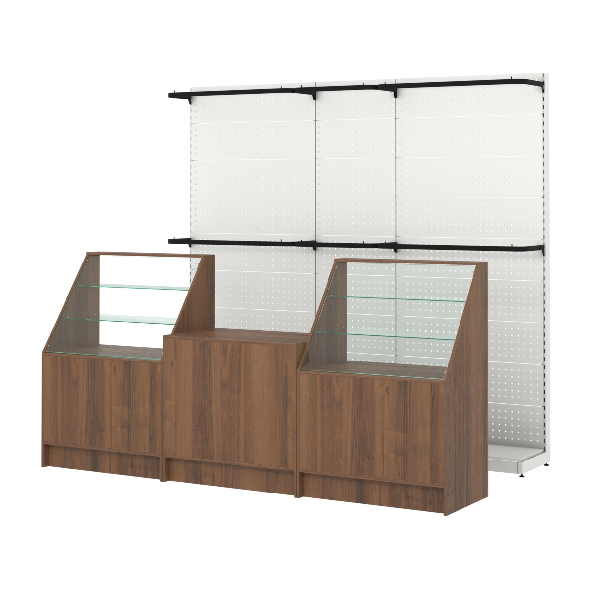 Комплект стеллажей с П-поручнями и прилавков ЭК-7 для торговли одеждой №4 Орех