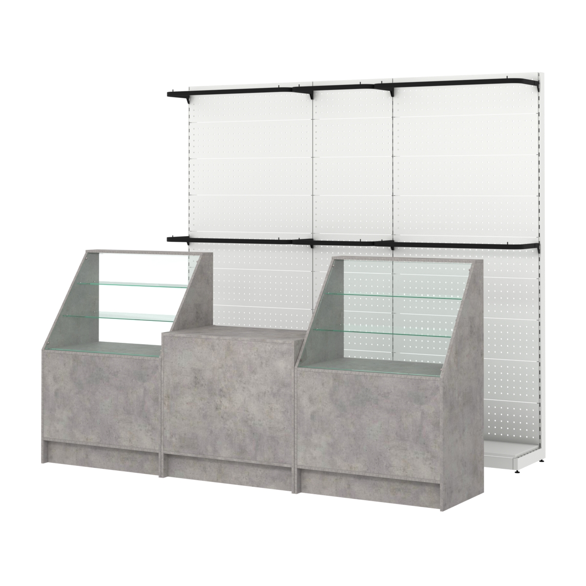 Комплект стеллажей с П-поручнями и прилавков ЭК-7 для торговли одеждой №4 Бетон Чикаго светло-серый F186 ST9