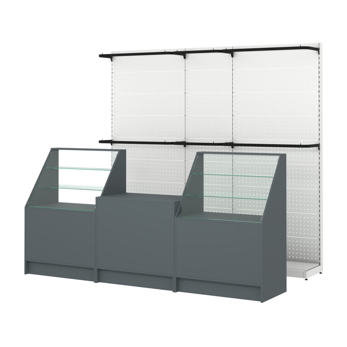 Комплект стеллажей с П-поручнями и прилавков ЭК-7 для торговли одеждой №4 Темно-Серый