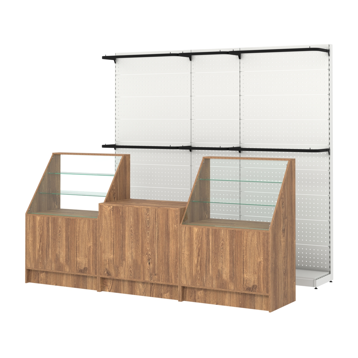 Комплект стеллажей с П-поручнями и прилавков ЭК-7 для торговли одеждой №4 Дуб Канзас коричневый