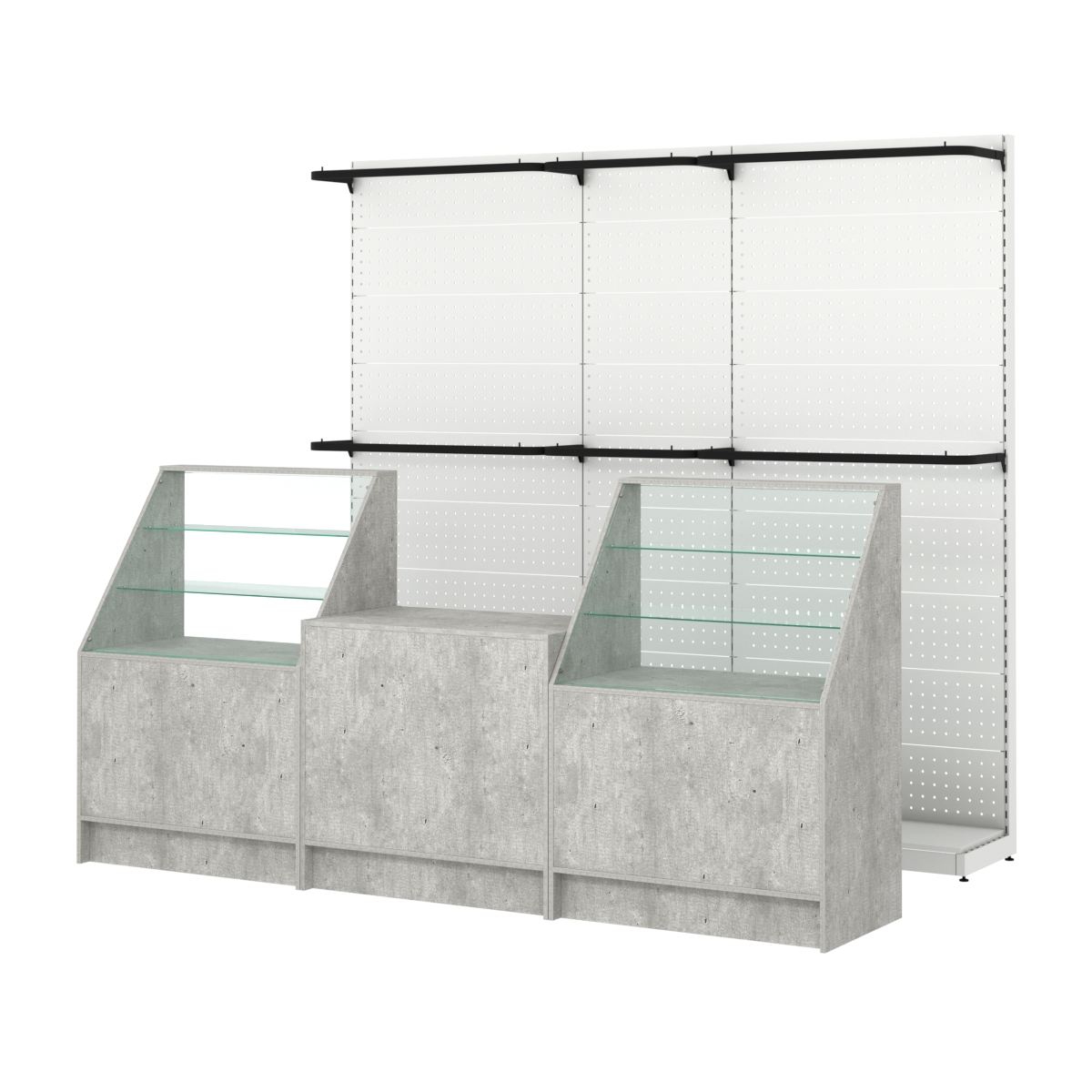 Комплект стеллажей с П-поручнями и прилавков ЭК-7 для торговли одеждой №4 Метрополитан Грей