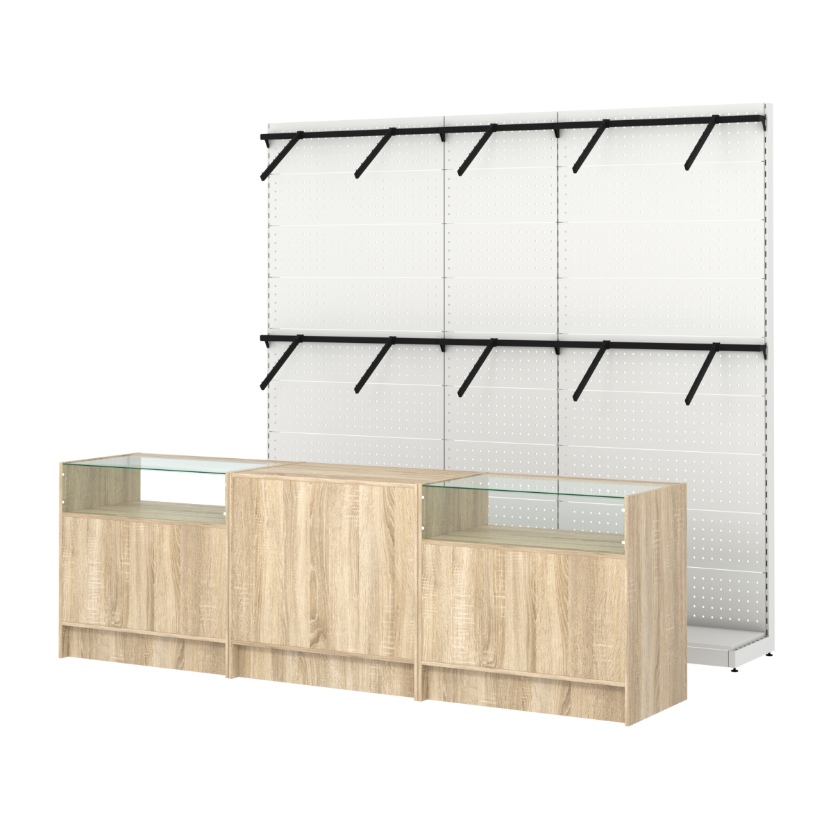 Комплект стеллажей с пристенными поручнями и прилавков ЭК-2 для торговли одеждой №5 Дуб сонома