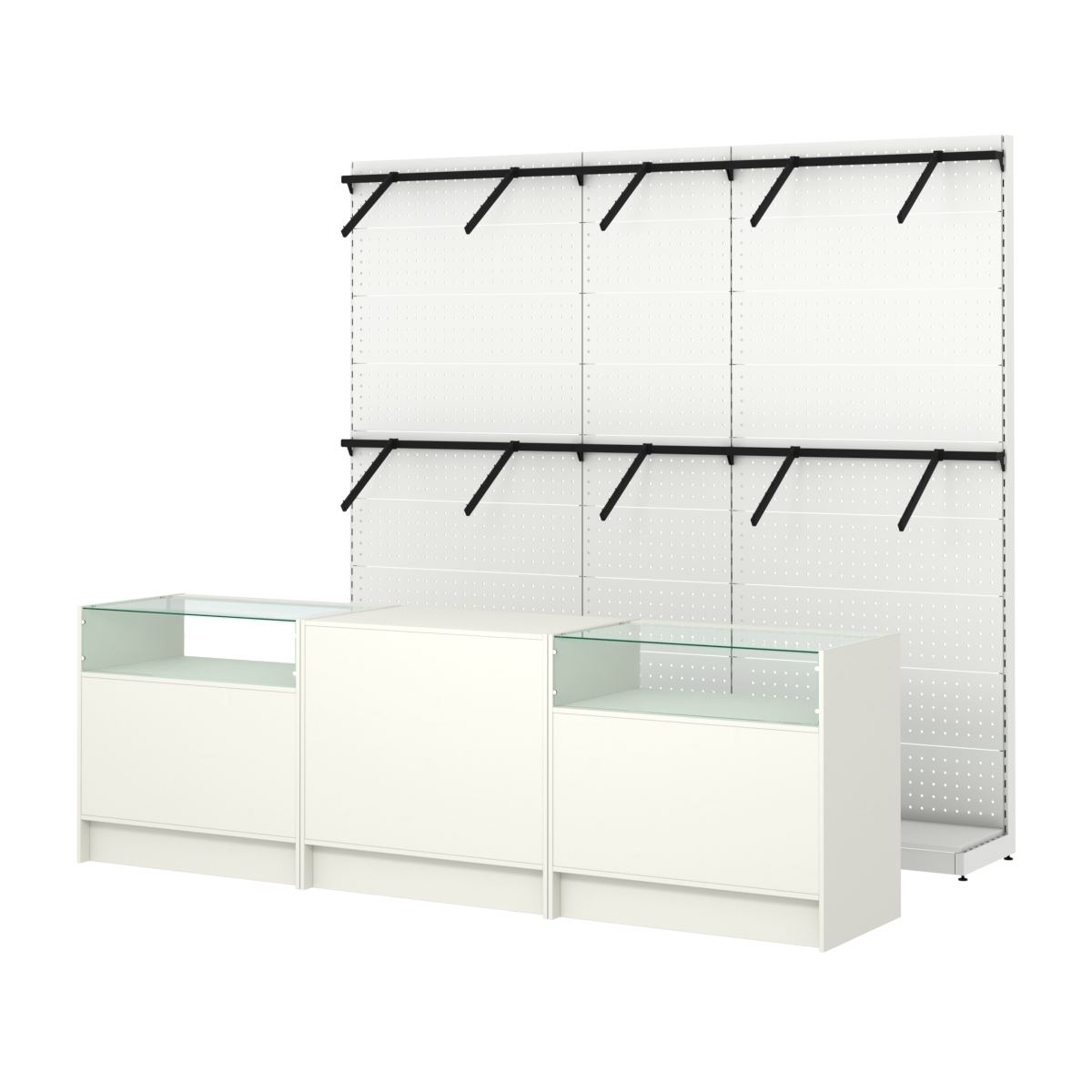 Комплект стеллажей с пристенными поручнями и прилавков ЭК-2 для торговли одеждой №5 Белый