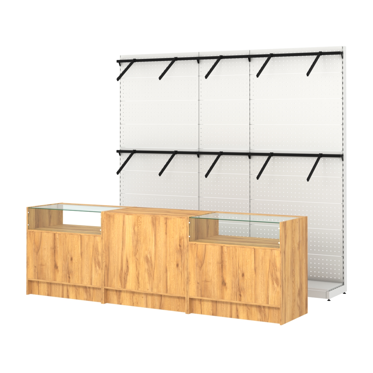 Комплект стеллажей с пристенными поручнями и прилавков ЭК-2 для торговли одеждой №5 Дуб Золотистый