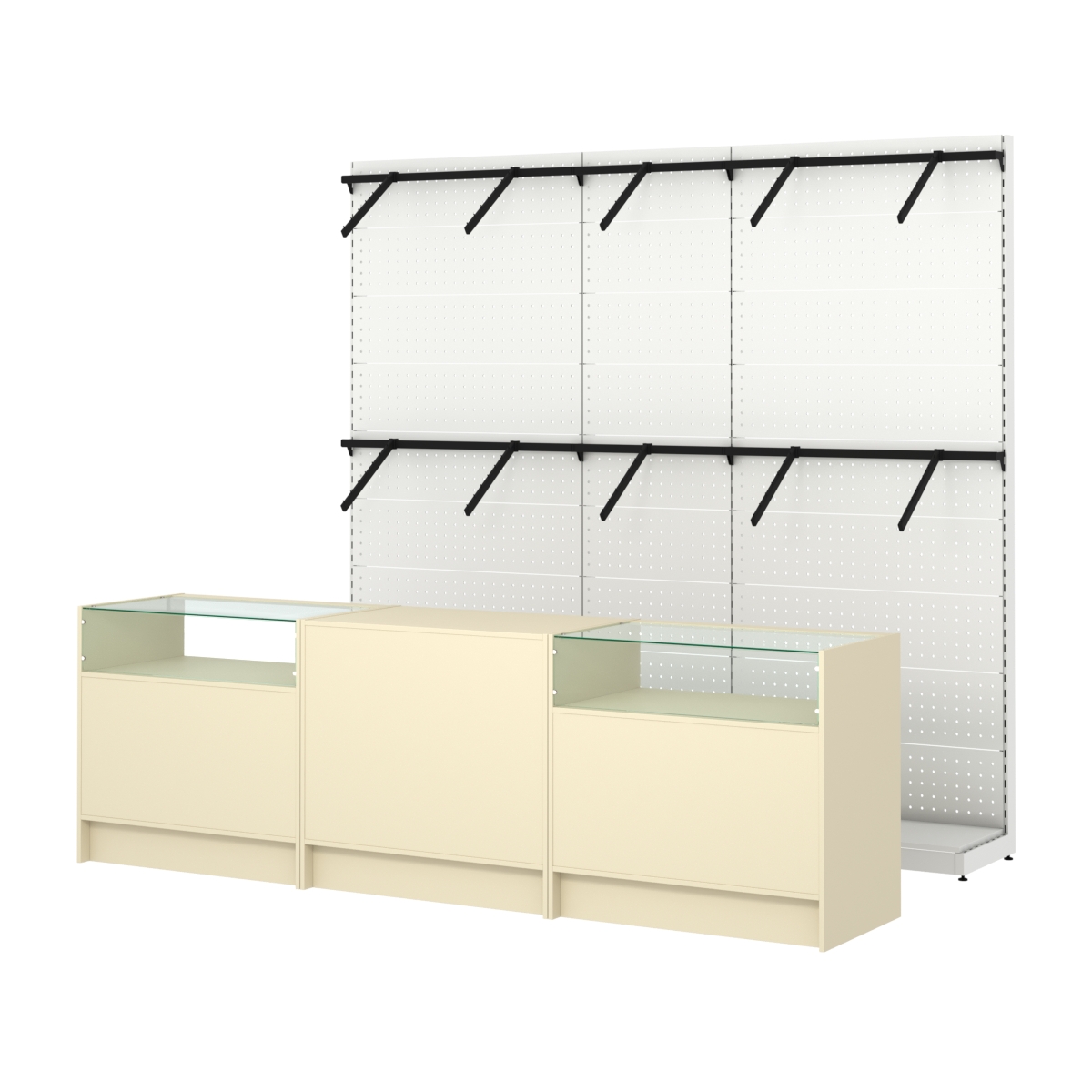 Комплект стеллажей с пристенными поручнями и прилавков ЭК-2 для торговли одеждой №5 Крем Вайс