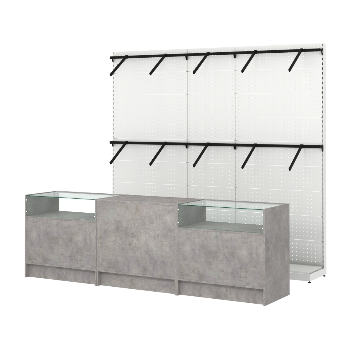 Комплект стеллажей с пристенными поручнями и прилавков ЭК-2 для торговли одеждой №5 Бетон Чикаго светло-серый F186 ST9