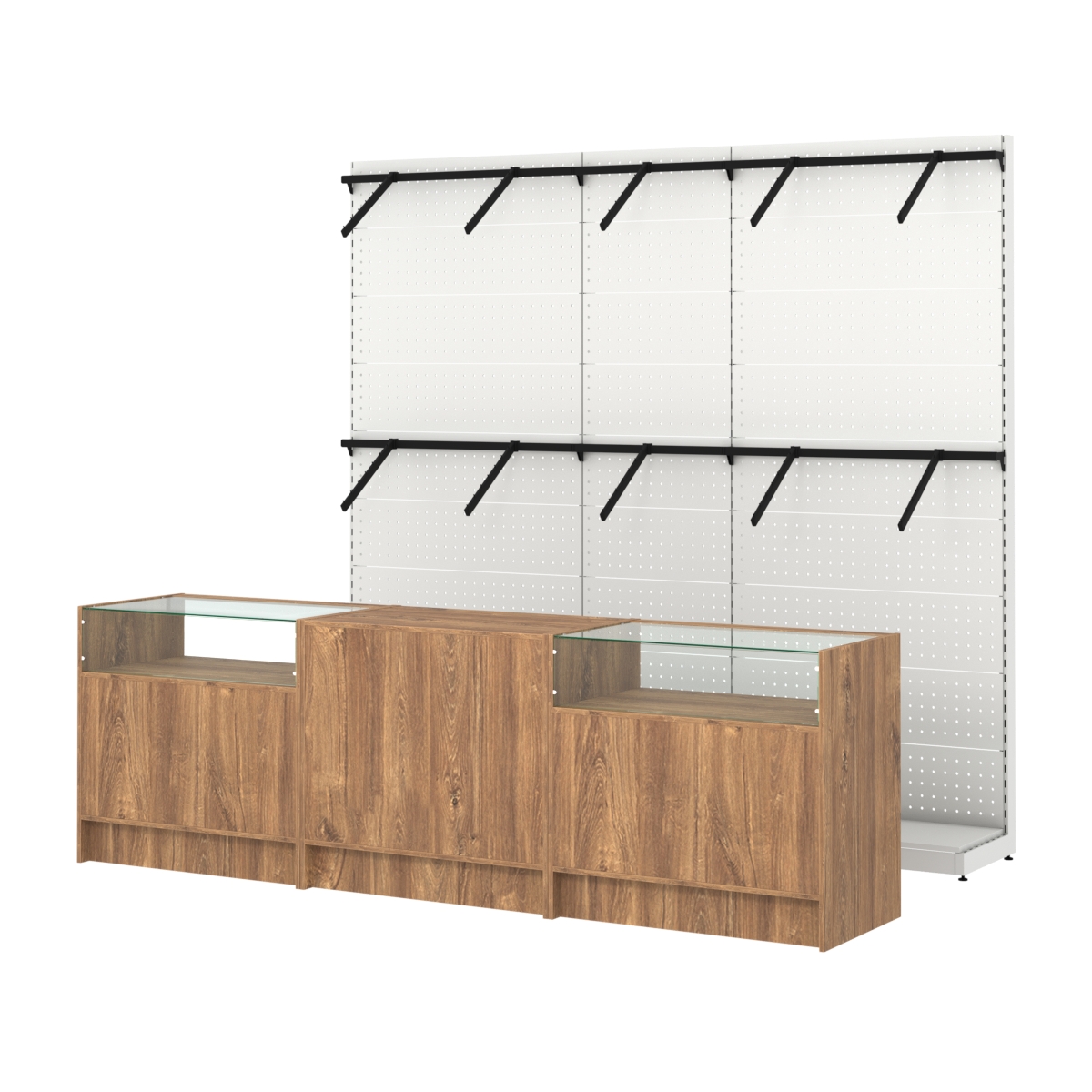 Комплект стеллажей с пристенными поручнями и прилавков ЭК-2 для торговли одеждой №5 Дуб Канзас коричневый