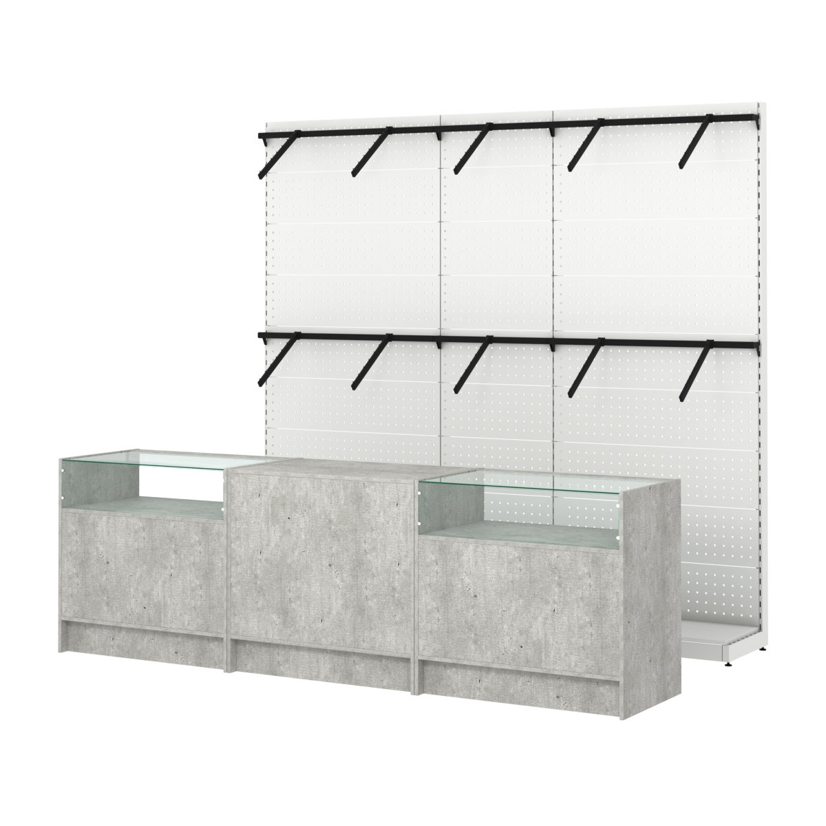 Комплект стеллажей с пристенными поручнями и прилавков ЭК-2 для торговли одеждой №5 Метрополитан Грей