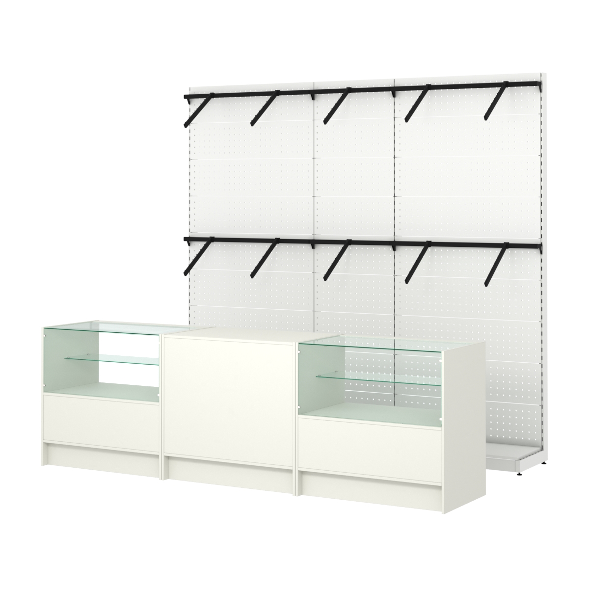 Комплект стеллажей с пристенными поручнями и прилавков ЭК-3 для торговли одеждой №6 Белый