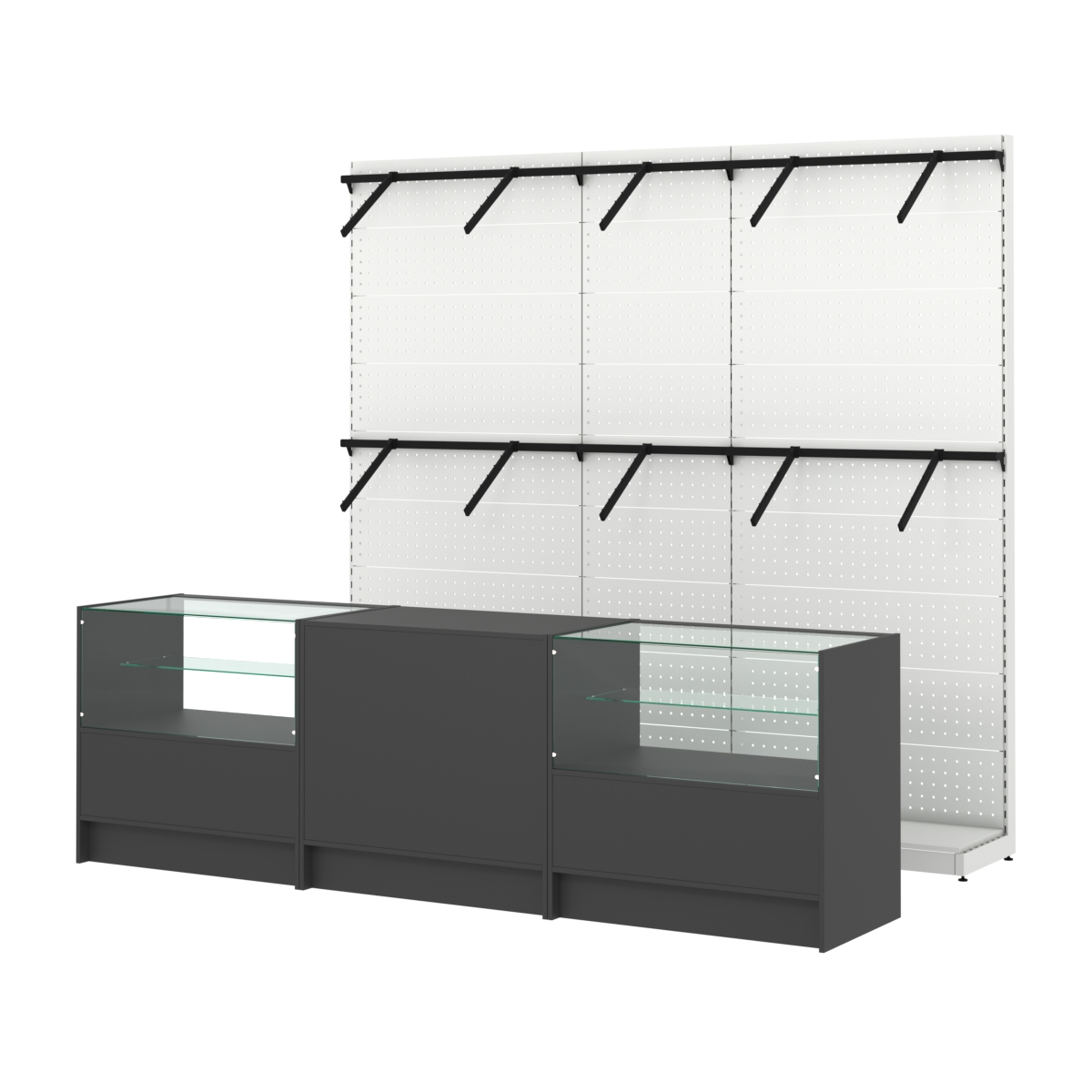 Комплект стеллажей с пристенными поручнями и прилавков ЭК-3 для торговли одеждой №6 Черный