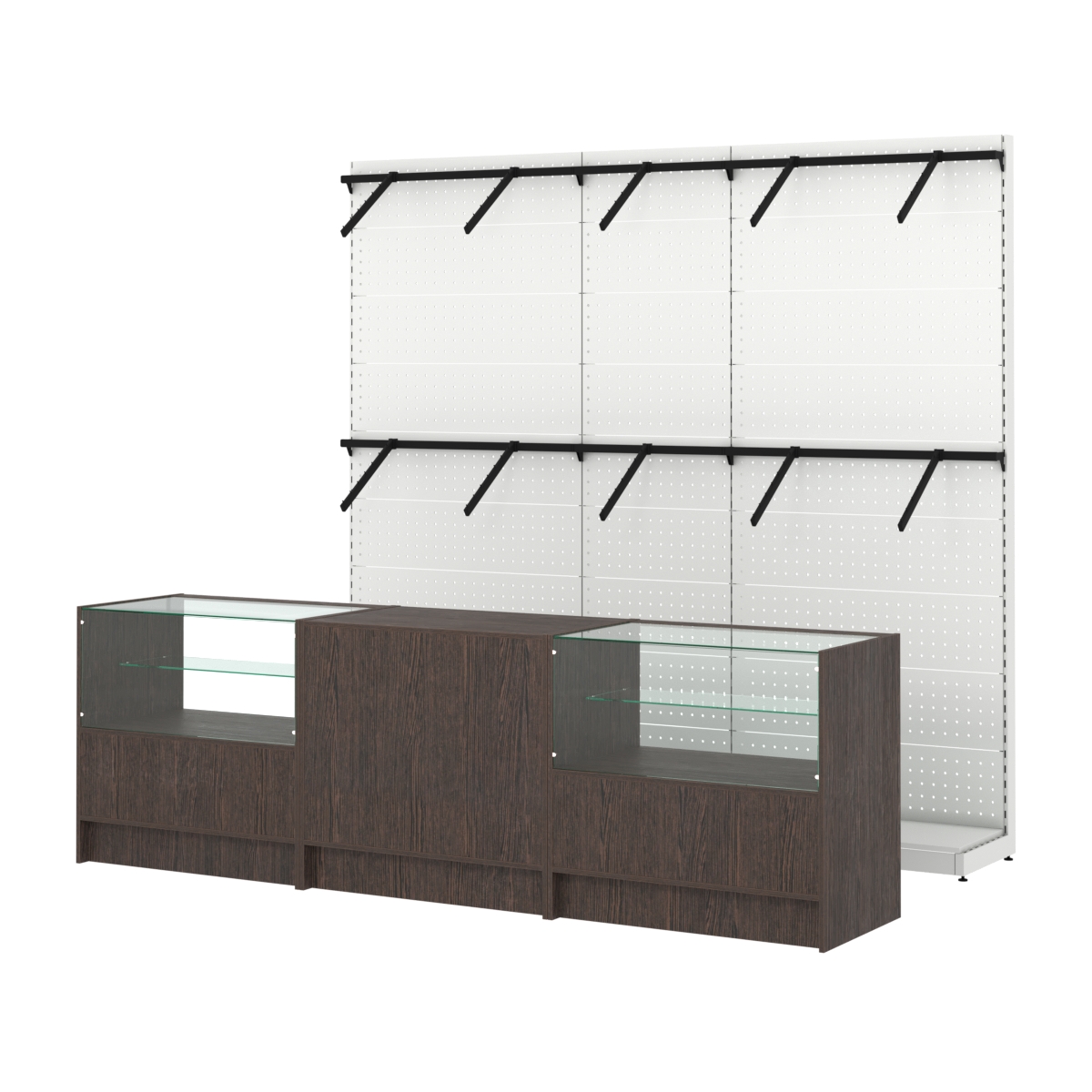 Комплект стеллажей с пристенными поручнями и прилавков ЭК-3 для торговли одеждой №6 Дуб Венге