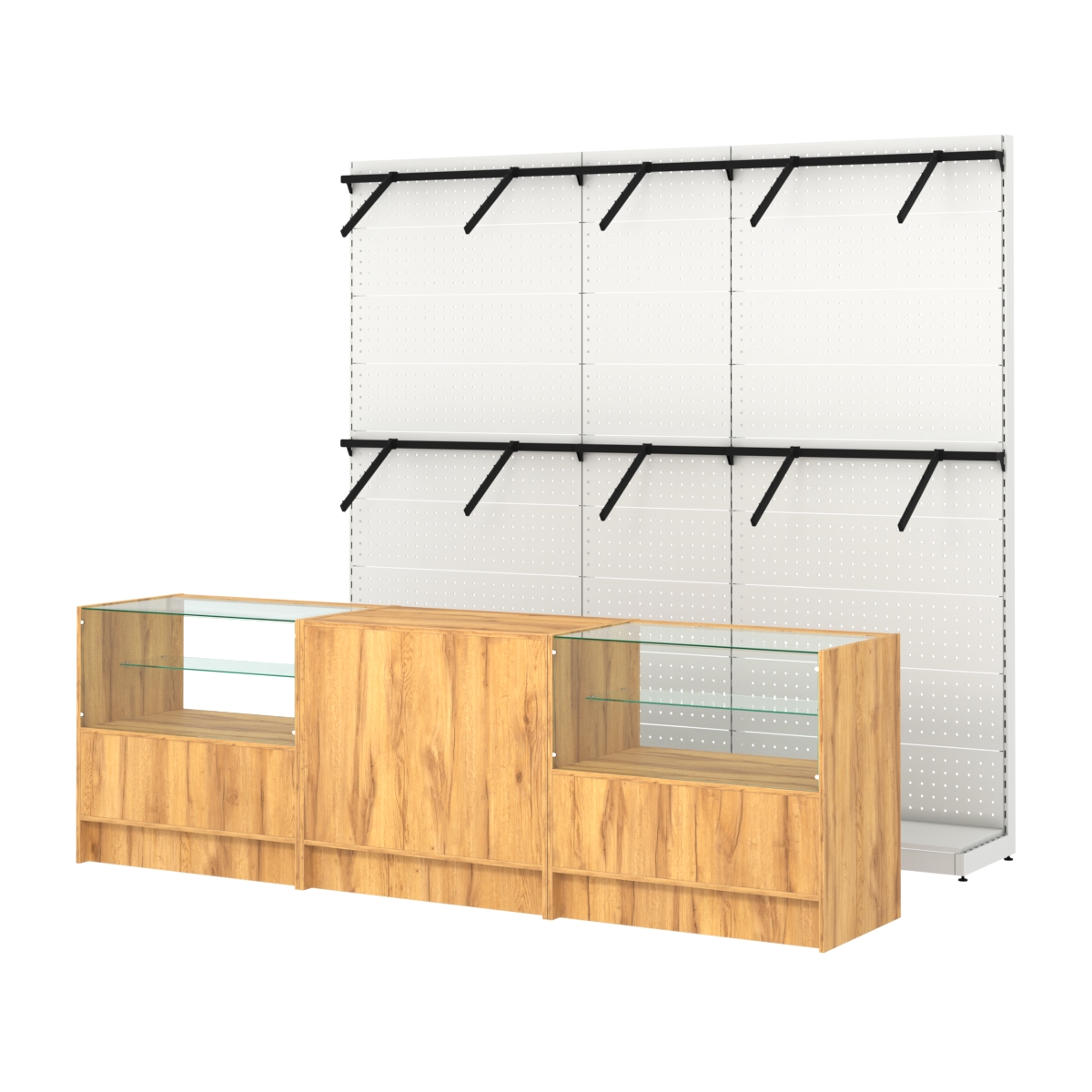 Комплект стеллажей с пристенными поручнями и прилавков ЭК-3 для торговли одеждой №6 Дуб Золотистый