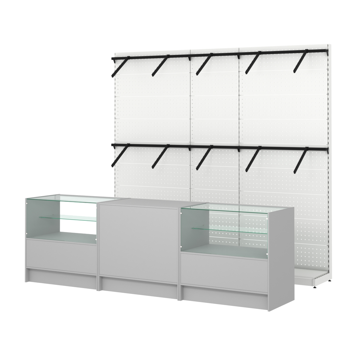 Комплект стеллажей с пристенными поручнями и прилавков ЭК-3 для торговли одеждой №6 Серый