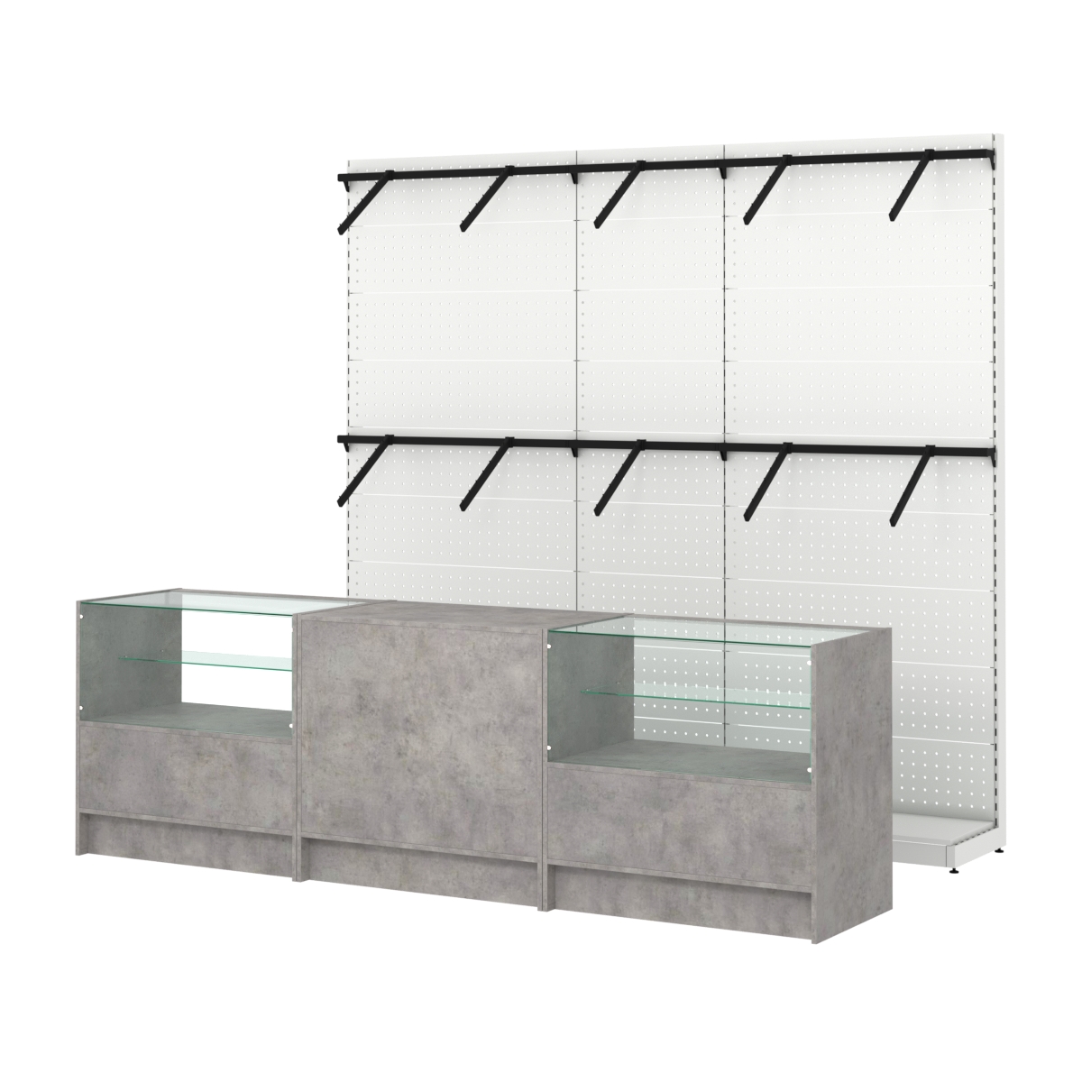 Комплект стеллажей с пристенными поручнями и прилавков ЭК-3 для торговли одеждой №6 Бетон Чикаго светло-серый F186 ST9