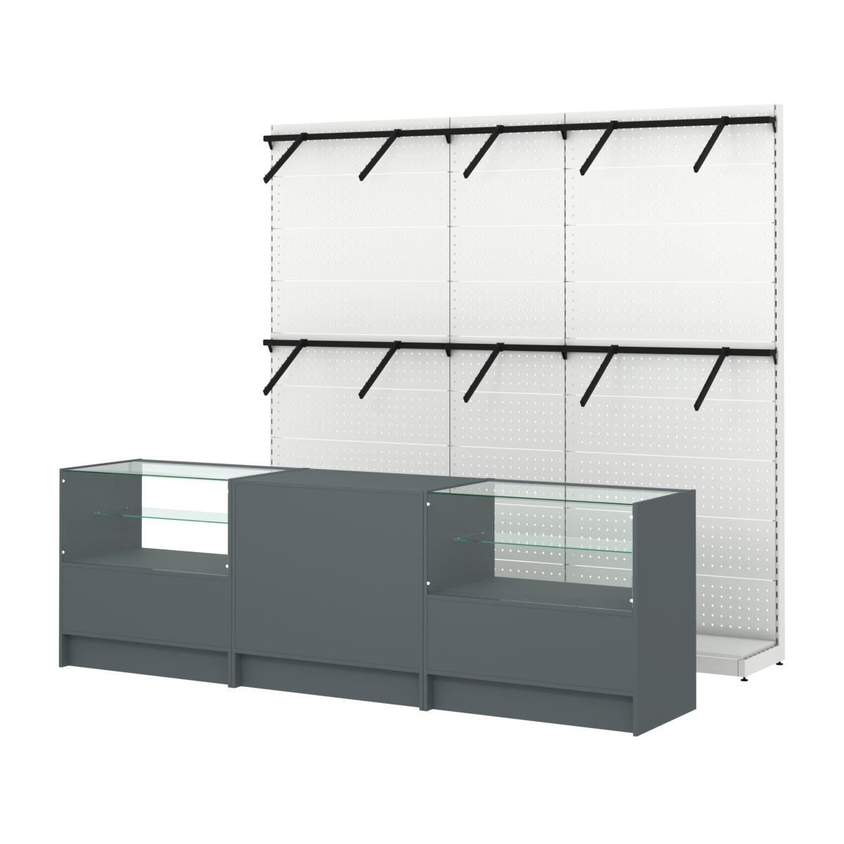 Комплект стеллажей с пристенными поручнями и прилавков ЭК-3 для торговли одеждой №6 Темно-Серый