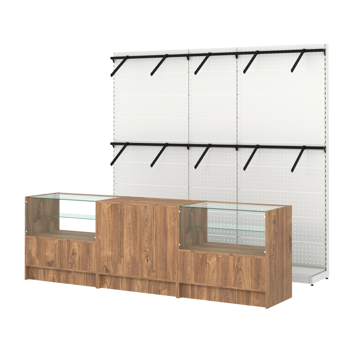 Комплект стеллажей с пристенными поручнями и прилавков ЭК-3 для торговли одеждой №6 Дуб Канзас коричневый