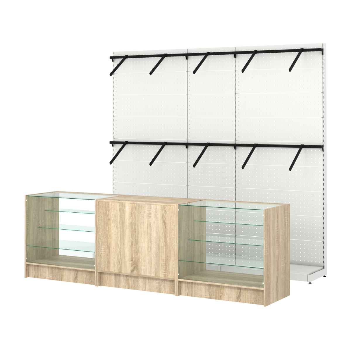 Комплект стеллажей с пристенными поручнями и прилавков ЭК-4 для торговли одеждой №7 Дуб сонома