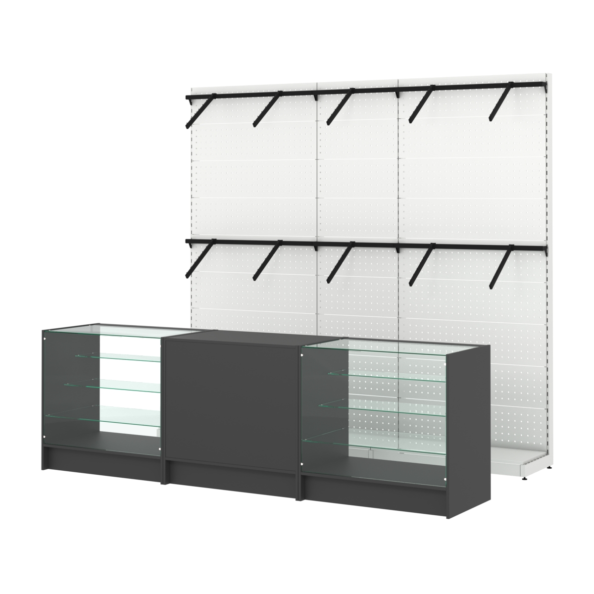 Комплект стеллажей с пристенными поручнями и прилавков ЭК-4 для торговли одеждой №7 Черный