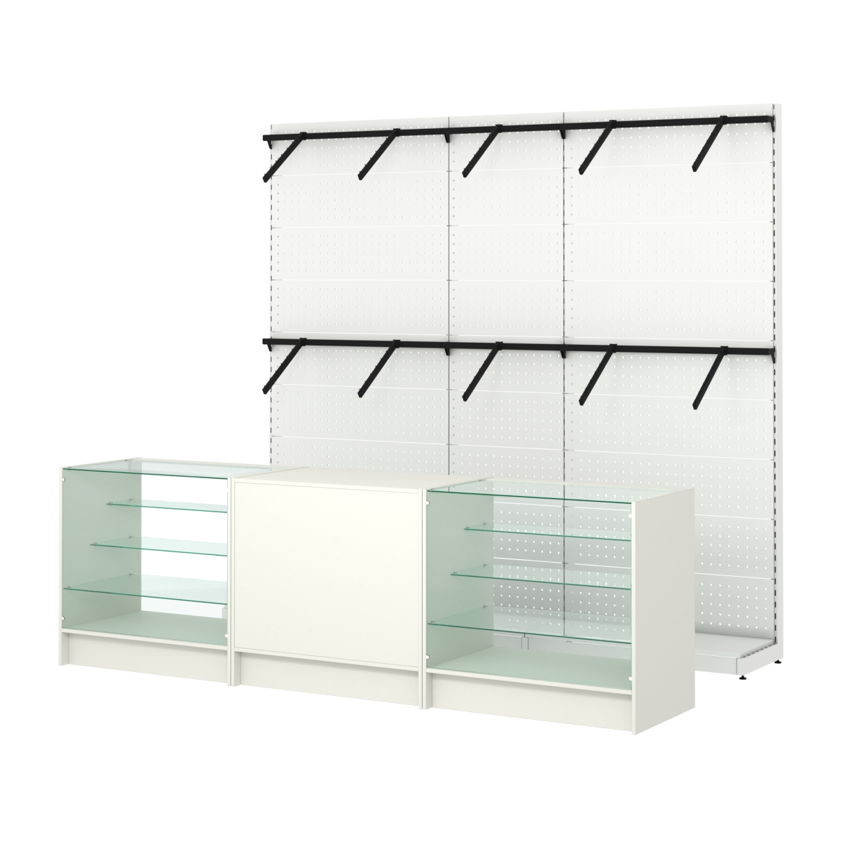 Комплект стеллажей с пристенными поручнями и прилавков ЭК-4 для торговли одеждой №7 Белый