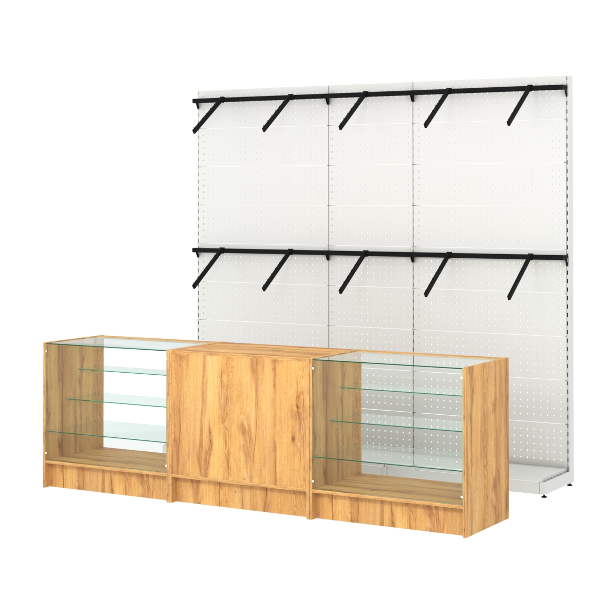 Комплект стеллажей с пристенными поручнями и прилавков ЭК-4 для торговли одеждой №7 Дуб Золотистый