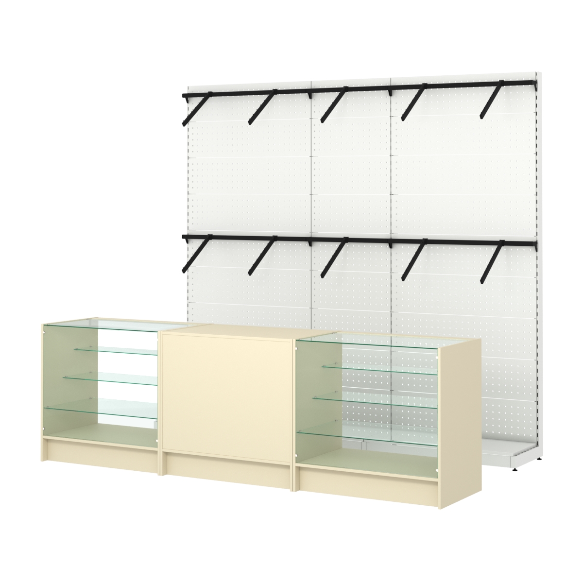 Комплект стеллажей с пристенными поручнями и прилавков ЭК-4 для торговли одеждой №7 Крем Вайс