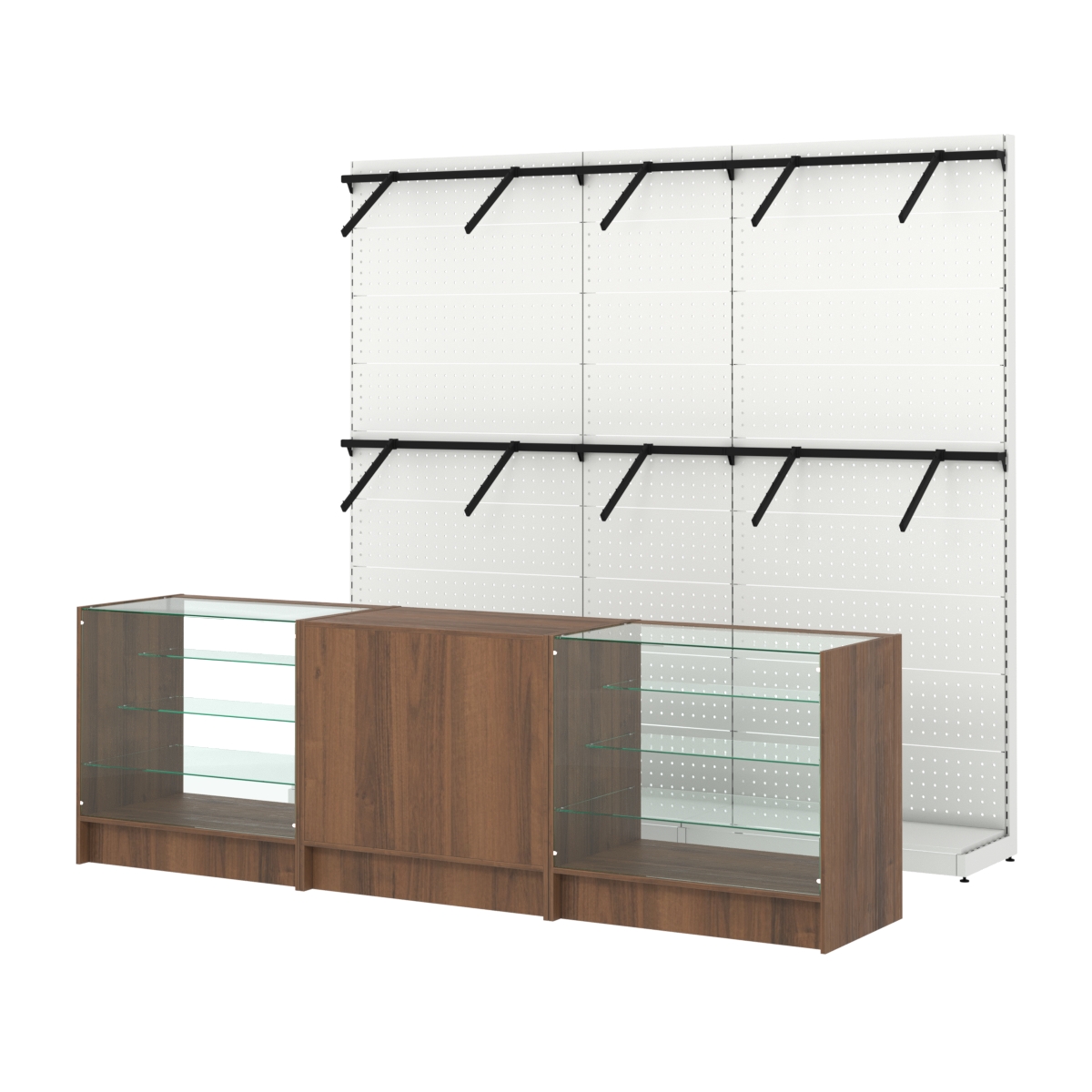 Комплект стеллажей с пристенными поручнями и прилавков ЭК-4 для торговли одеждой №7 Орех