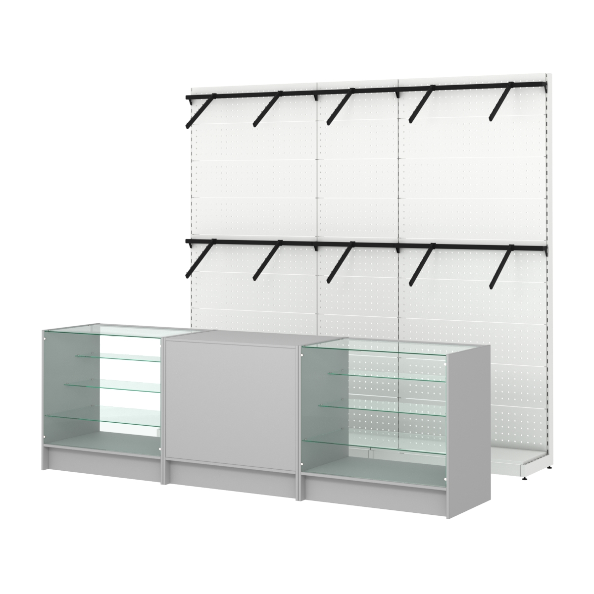 Комплект стеллажей с пристенными поручнями и прилавков ЭК-4 для торговли одеждой №7 Серый