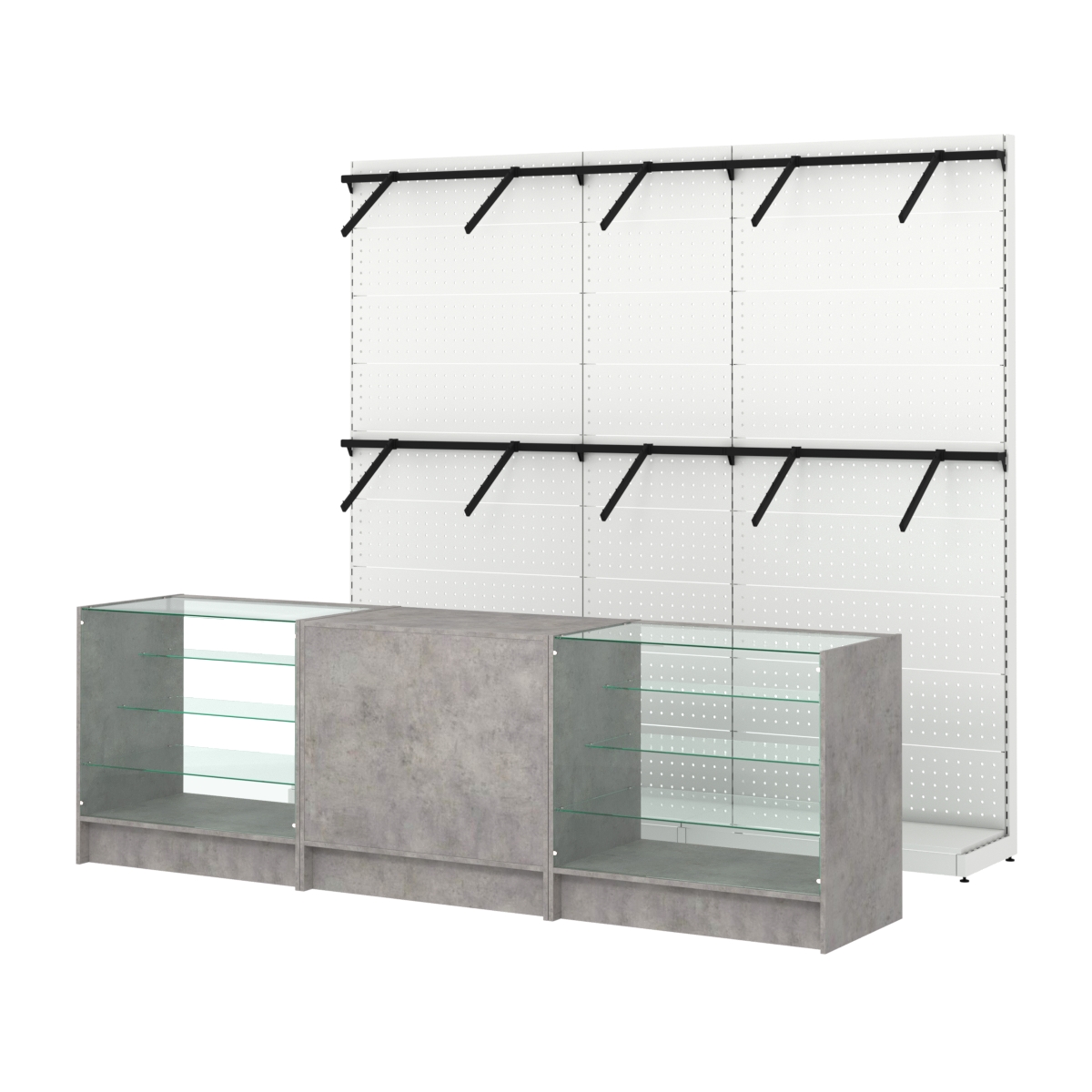 Комплект стеллажей с пристенными поручнями и прилавков ЭК-4 для торговли одеждой №7 Бетон Чикаго светло-серый F186 ST9