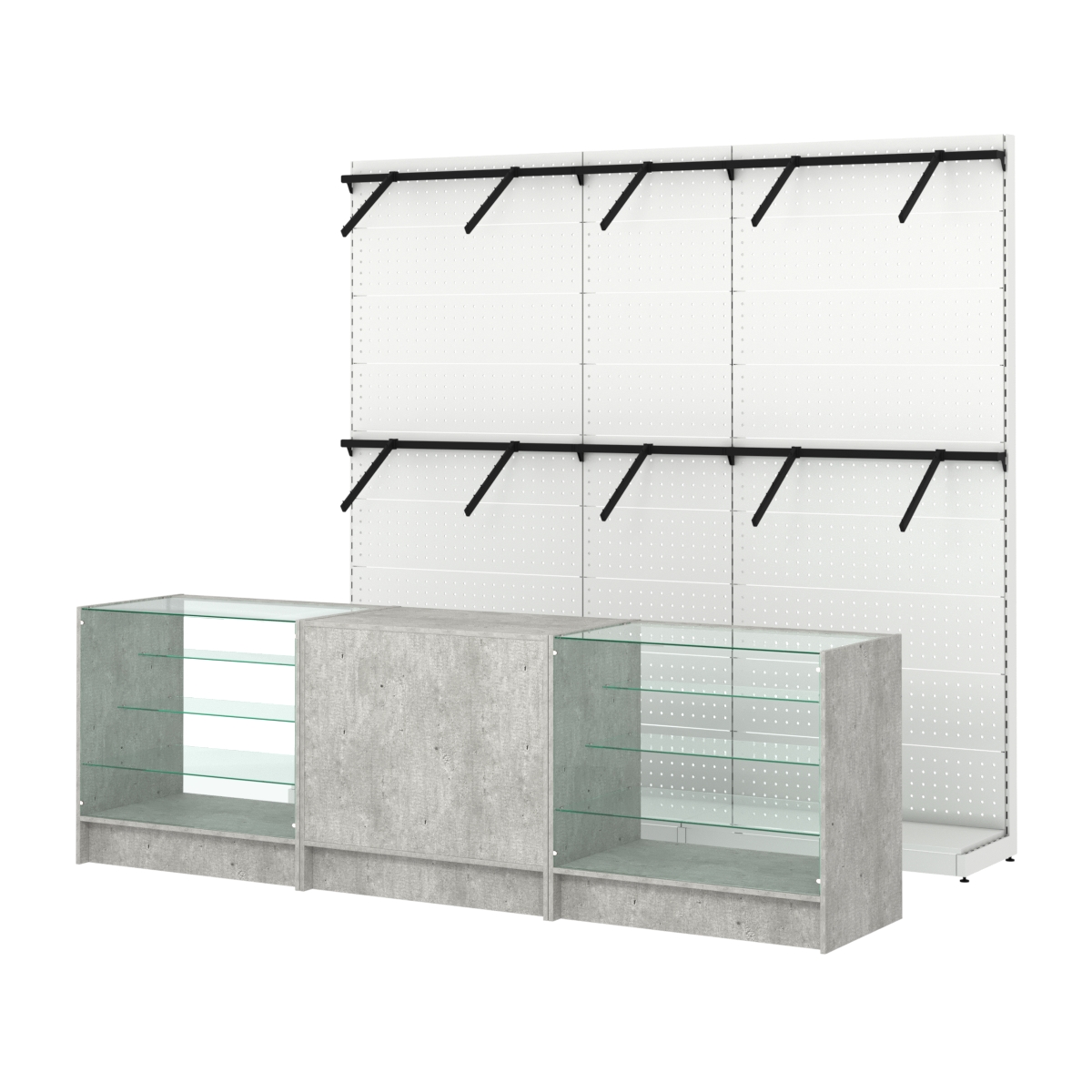 Комплект стеллажей с пристенными поручнями и прилавков ЭК-4 для торговли одеждой №7 Метрополитан Грей