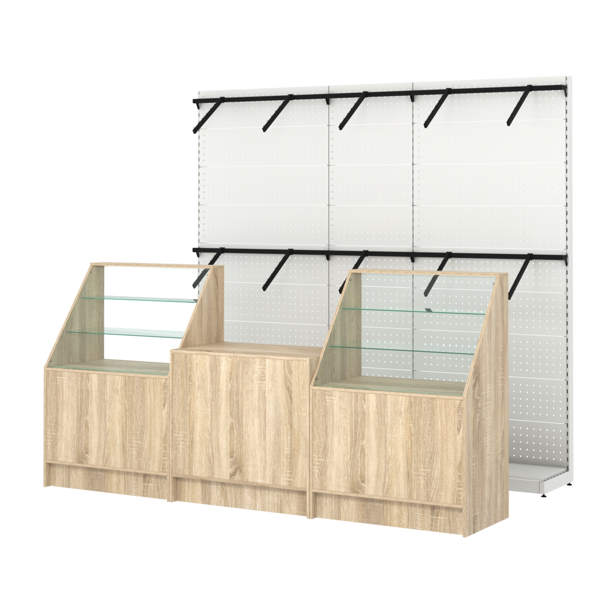 Комплект стеллажей с пристенными поручнями и прилавков ЭК-7 для торговли одеждой №8 Дуб сонома