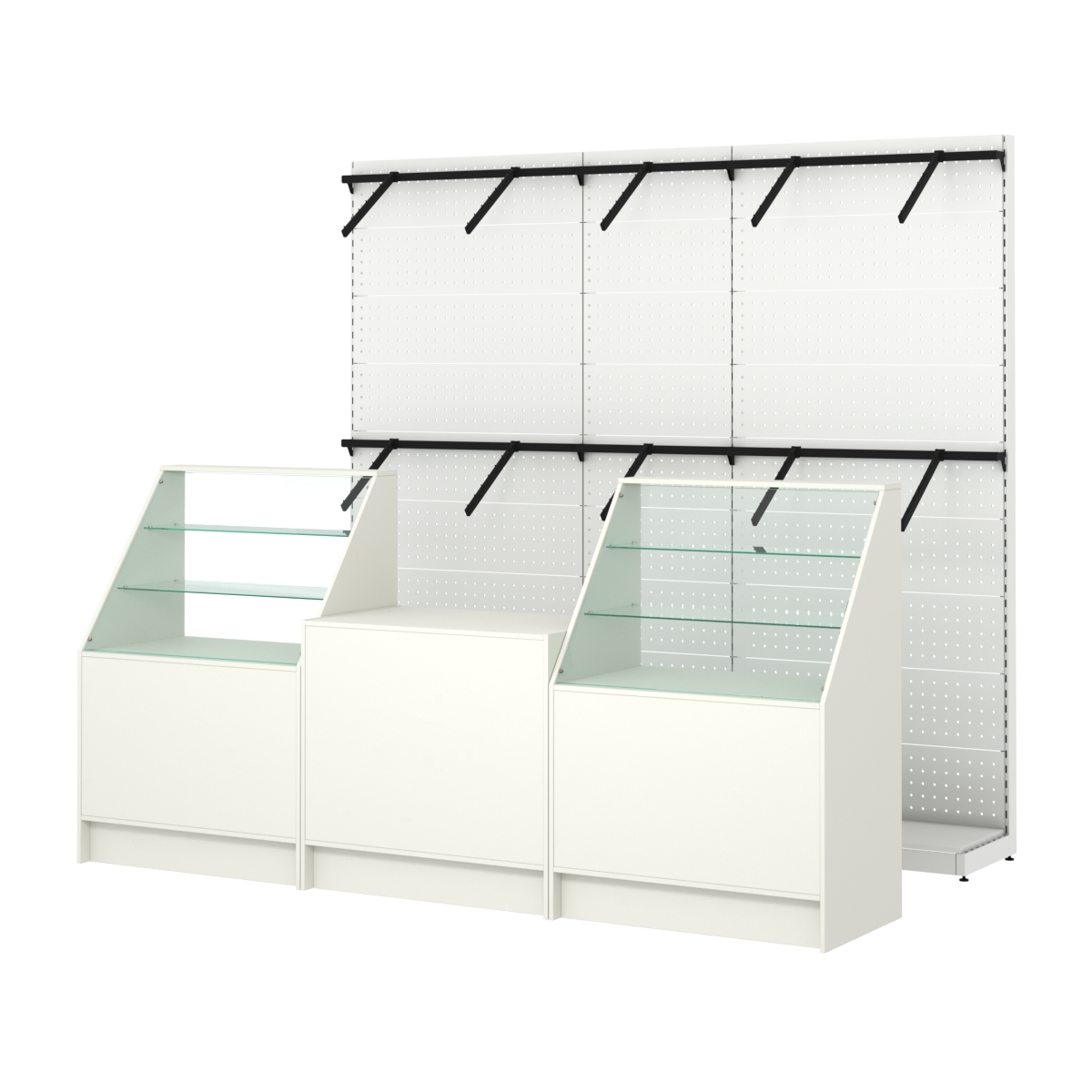 Комплект стеллажей с пристенными поручнями и прилавков ЭК-7 для торговли одеждой №8 Белый