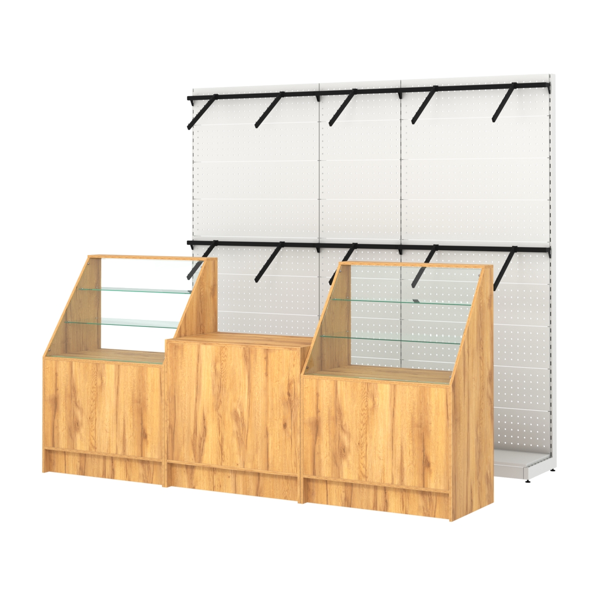 Комплект стеллажей с пристенными поручнями и прилавков ЭК-7 для торговли одеждой №8 Дуб Золотистый