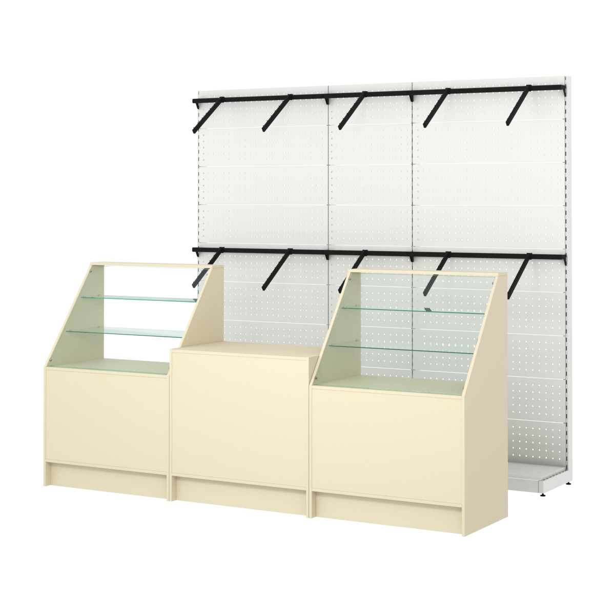 Комплект стеллажей с пристенными поручнями и прилавков ЭК-7 для торговли одеждой №8 Крем Вайс