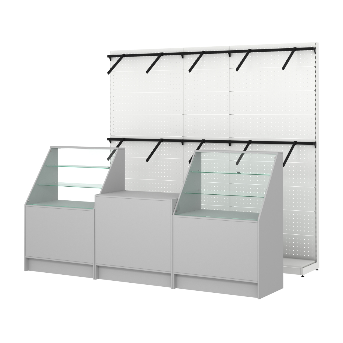 Комплект стеллажей с пристенными поручнями и прилавков ЭК-7 для торговли одеждой №8 Серый