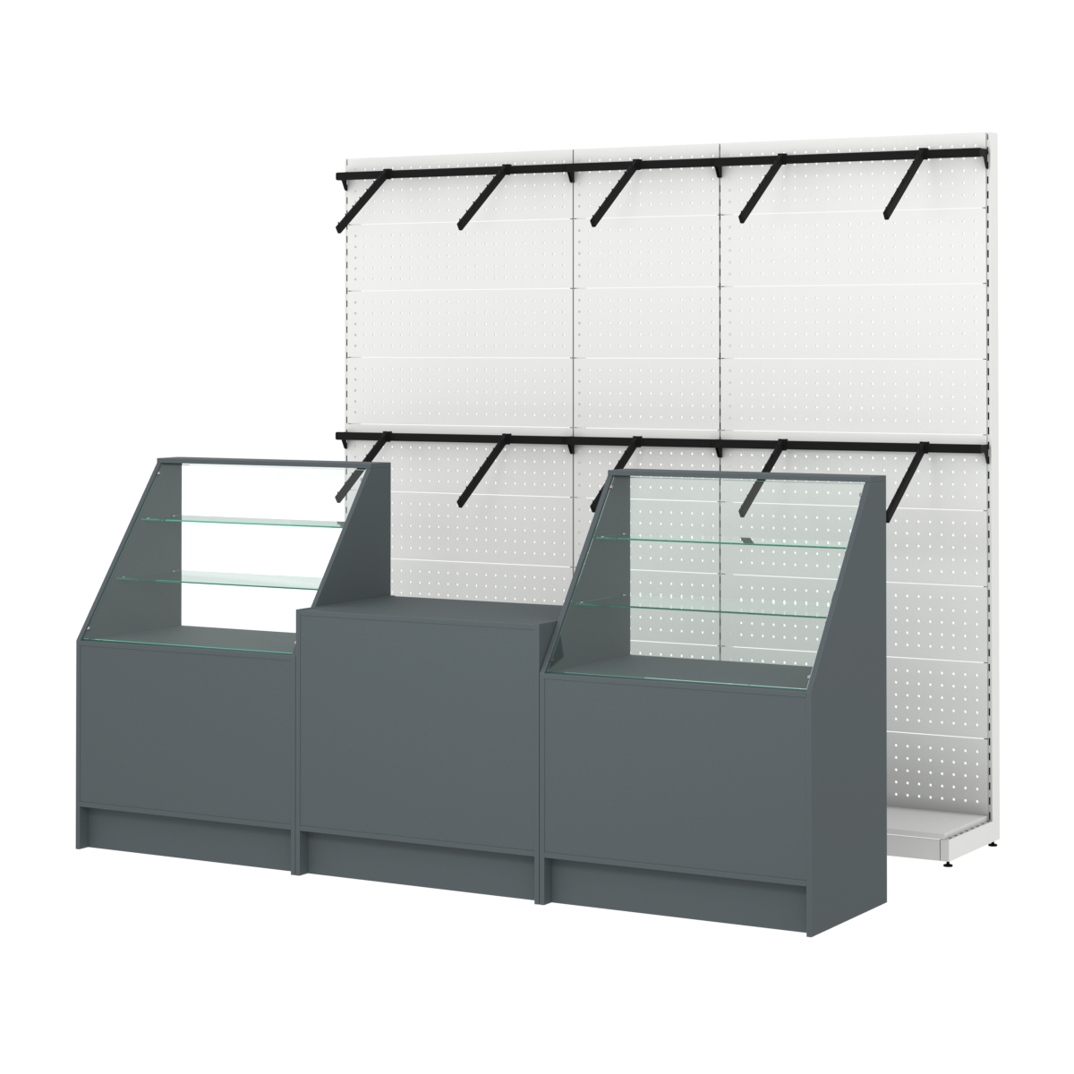 Комплект стеллажей с пристенными поручнями и прилавков ЭК-7 для торговли одеждой №8 Темно-Серый