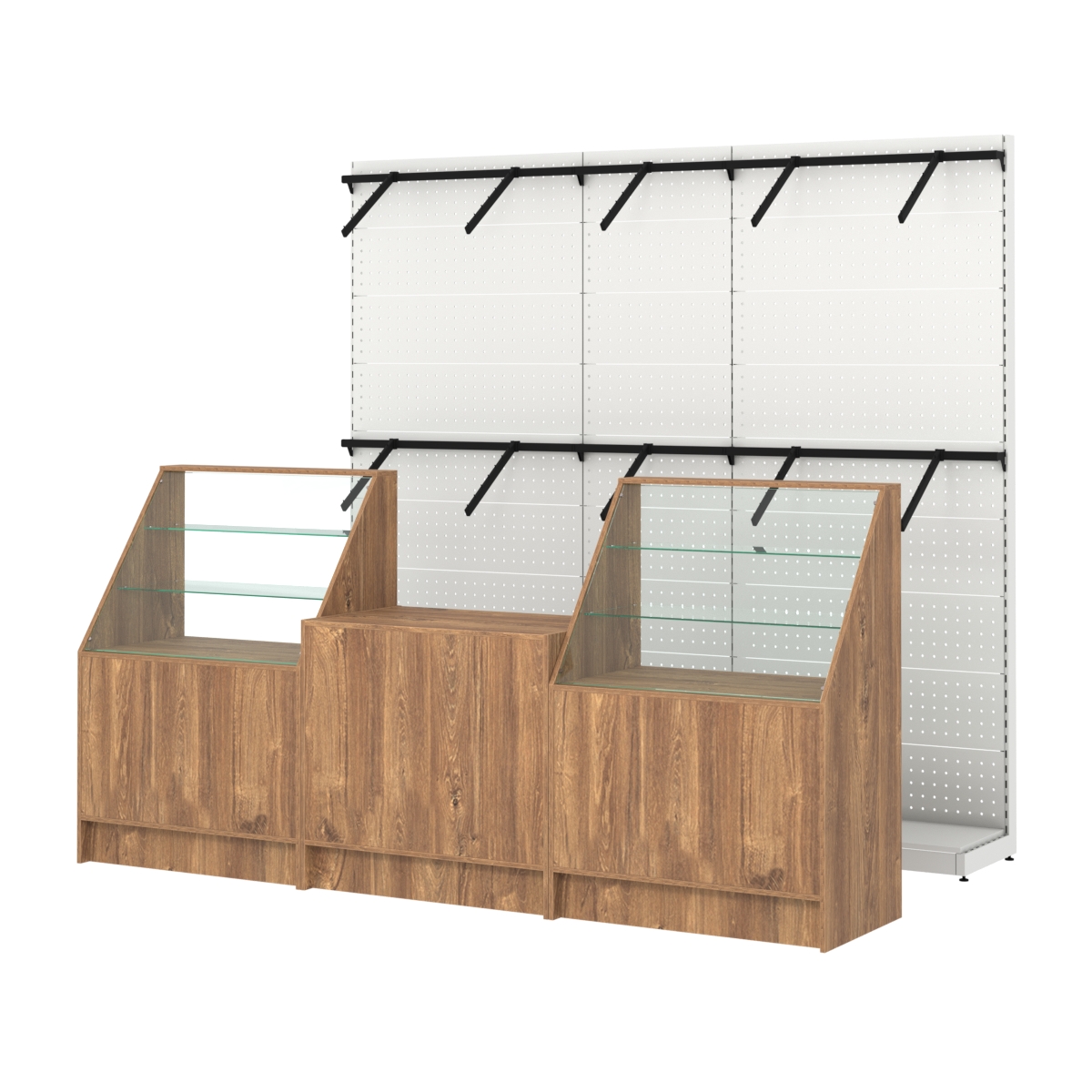 Комплект стеллажей с пристенными поручнями и прилавков ЭК-7 для торговли одеждой №8 Дуб Канзас коричневый