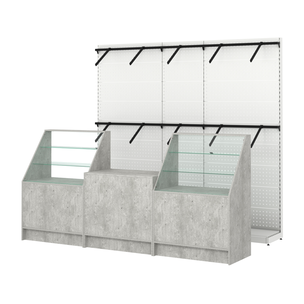 Комплект стеллажей с пристенными поручнями и прилавков ЭК-7 для торговли одеждой №8 Метрополитан Грей