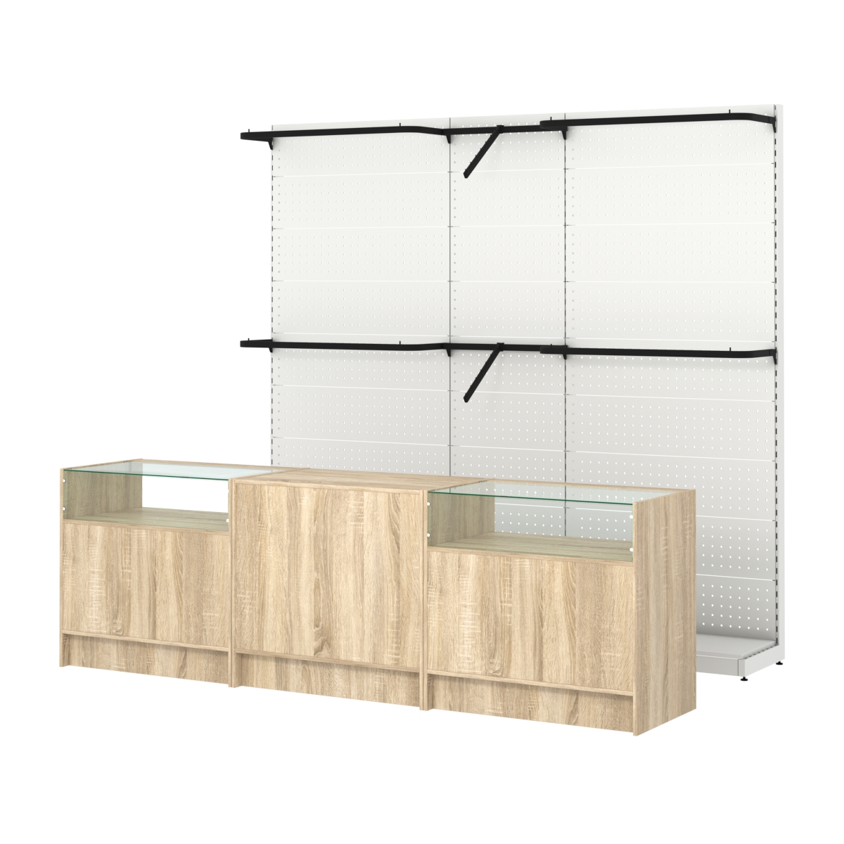 Комплект стеллажей с комбо поручнями и прилавков ЭК-2 для торговли одеждой №9 Дуб сонома