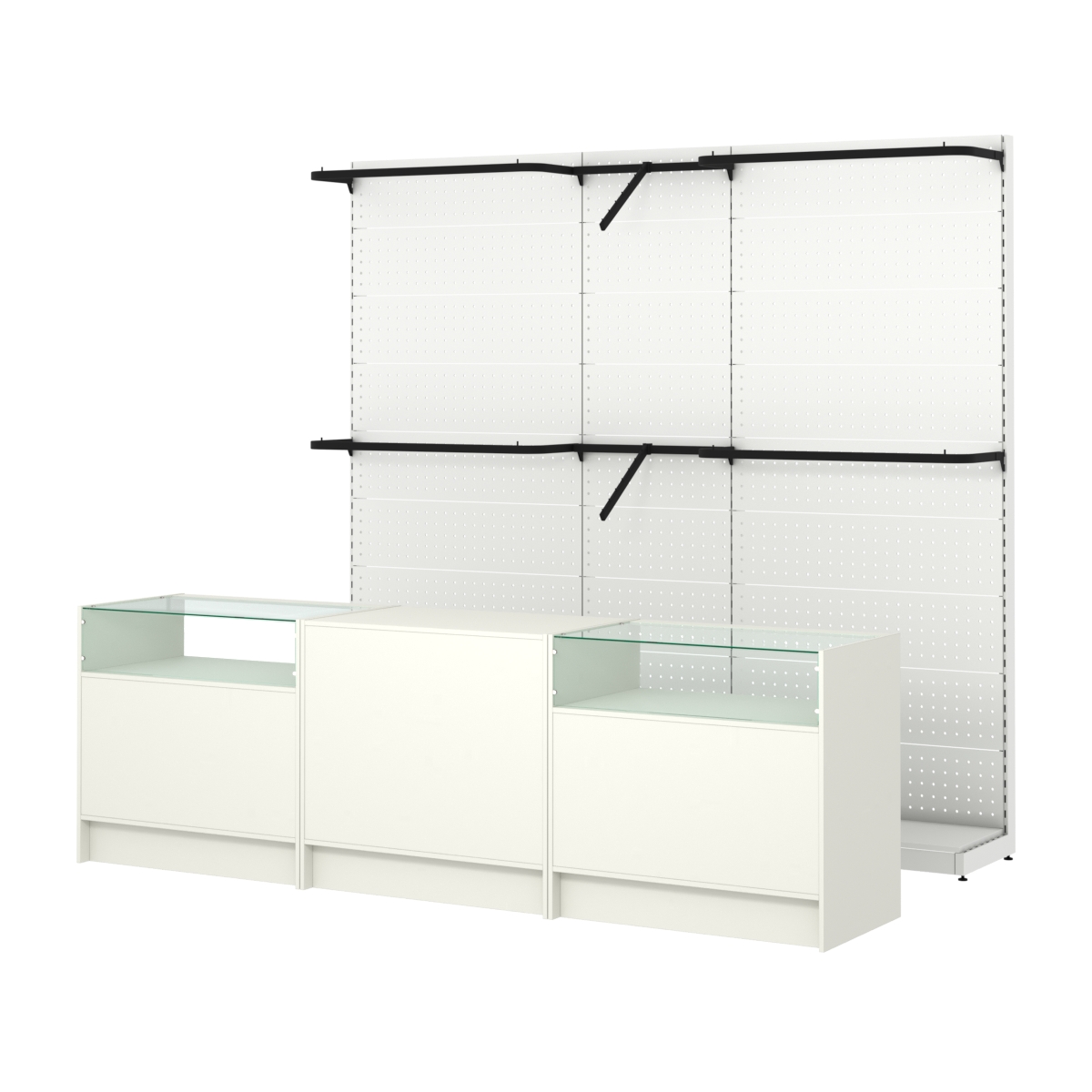 Комплект стеллажей с комбо поручнями и прилавков ЭК-2 для торговли одеждой №9 Белый