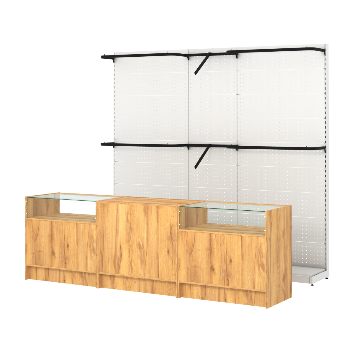 Комплект стеллажей с комбо поручнями и прилавков ЭК-2 для торговли одеждой №9 Дуб Золотистый