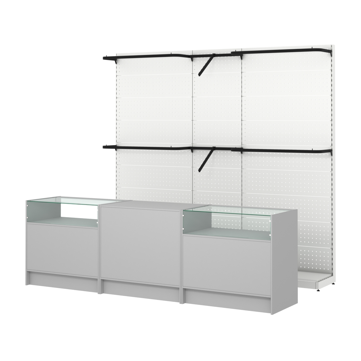 Комплект стеллажей с комбо поручнями и прилавков ЭК-2 для торговли одеждой №9 Серый